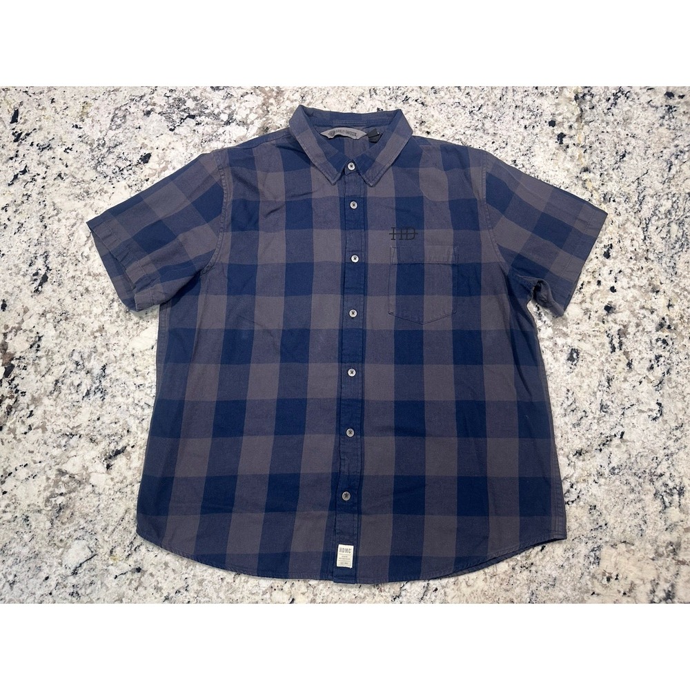 Harley Davidson Shirt Men Size XL Gray Plaid Short Sleeve Button Flannel‎